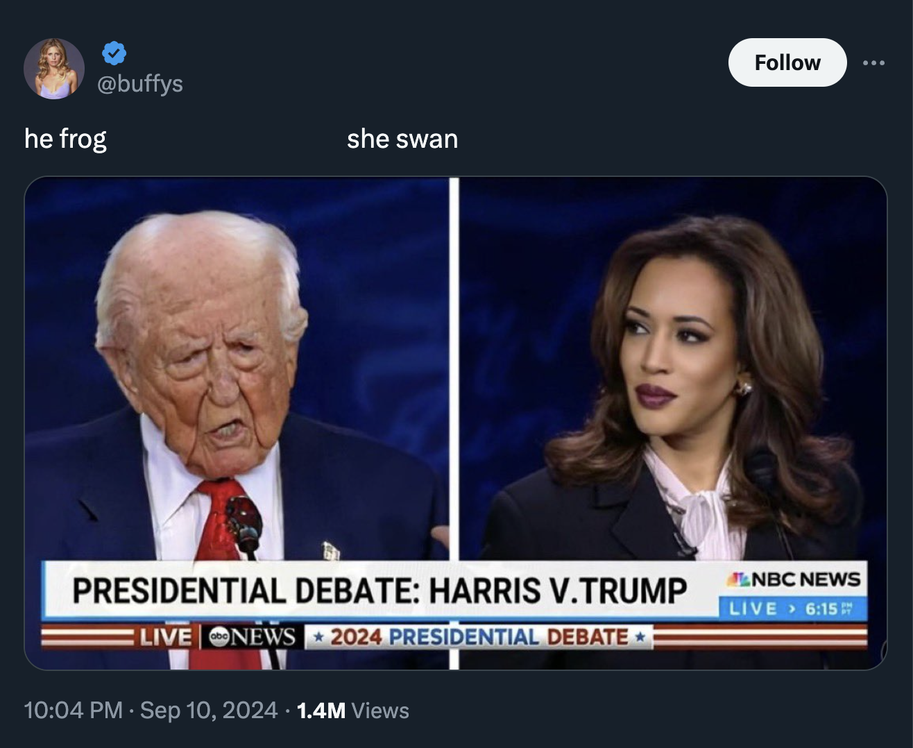 screenshot - he frog she swan Presidential Debate Harris V.Trump Live News 2024 Presidential Debate Nbc News Live 1.4M Views